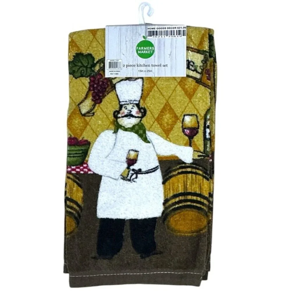Farmers Market Kitchen Towels Wine Barrel Chef Cotton Velour Terry Set 2 Pieces